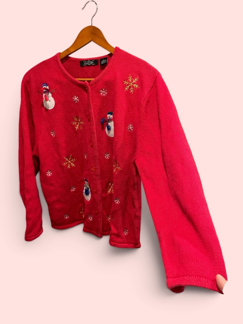 Cute cherry red holiday winter snowman 90s cotton blend cardigan sweater